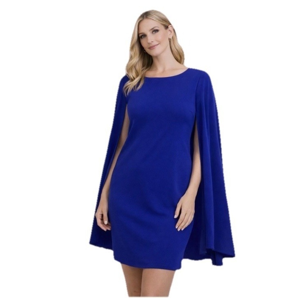 Marc Bouwer Sheath Cape Dress 1X Royal‎ Blue Minimalist Chic Wedding Cocktail